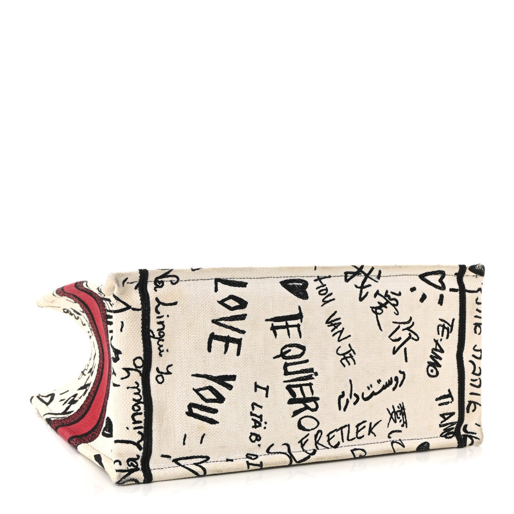 Christian Dior Canvas Embroidered Medium Dioramour Graffiti Book Tote Latte Multicolor