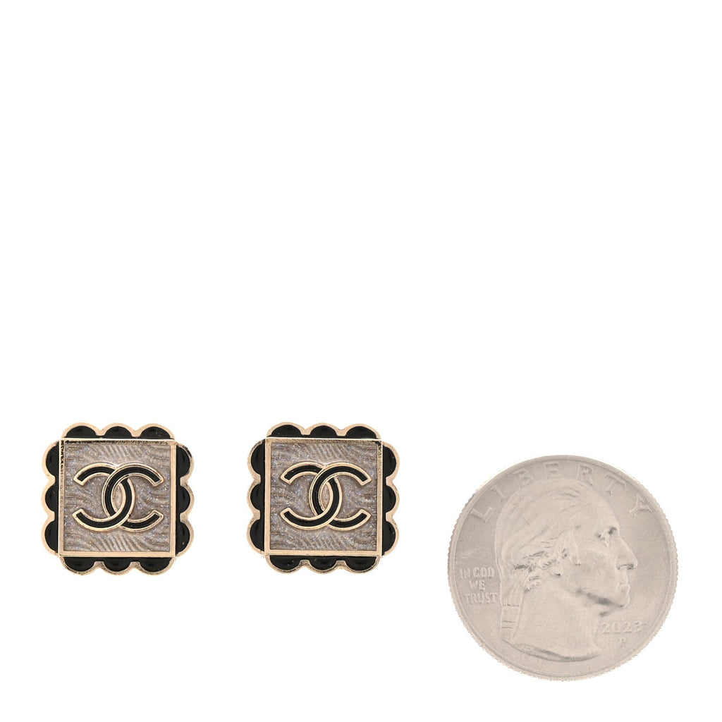 Resin CC Square Clip On Earrings Gold Black