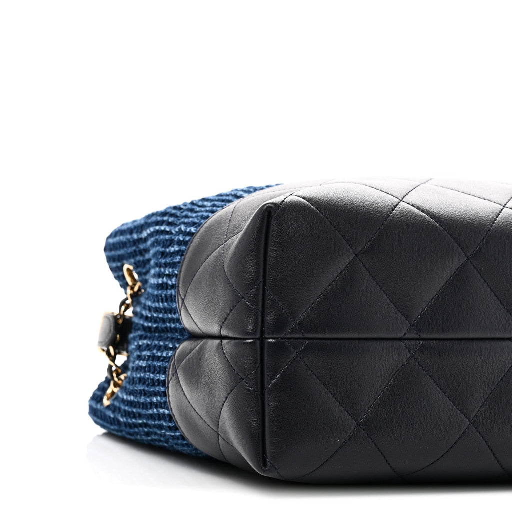 Chanel Tweed Shiny Lambskin Quilted Coco Base Small Shopping Bag Dark Blue