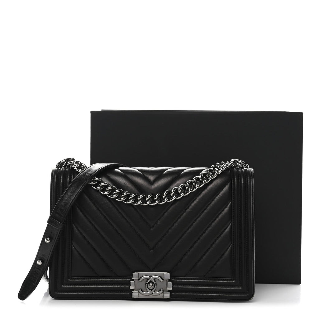 Chanel Calfskin Chevron Quilted New Medium Boy Flap Black