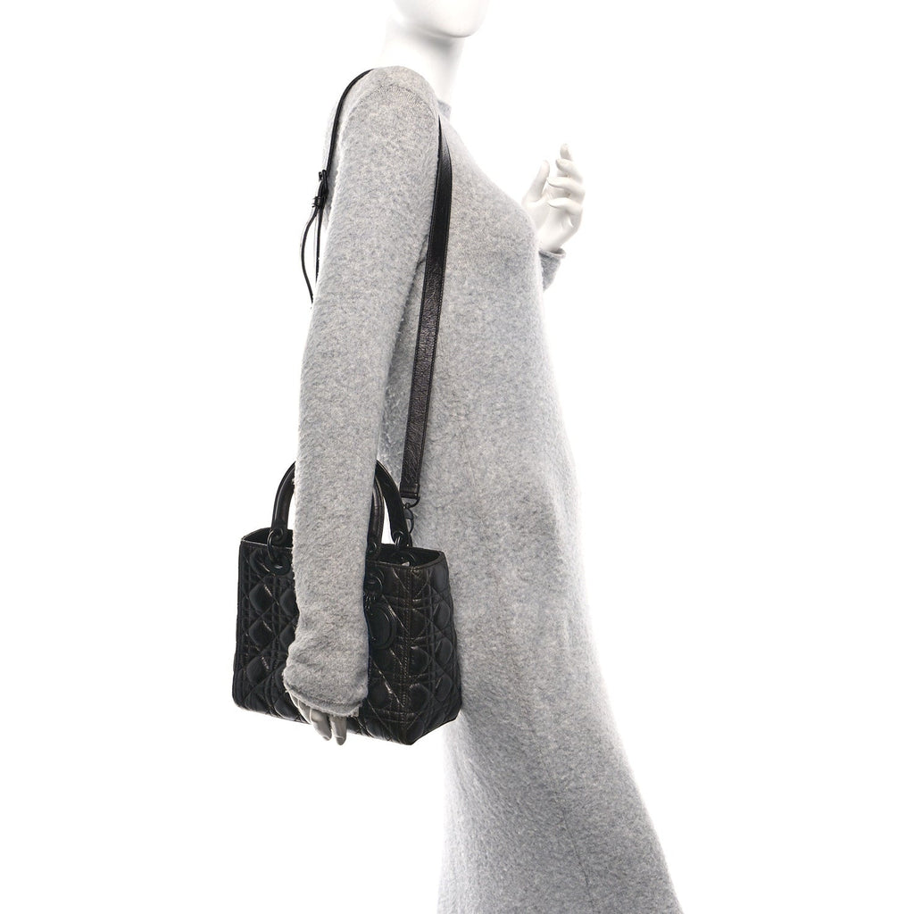 Christian Dior Crinkled Calfskin Cannage Medium Lady Dior Black
