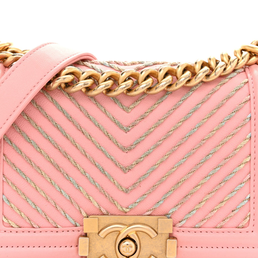Chanel Calfskin Chevron Embroidered Small Boy By The Sea Flap Pink