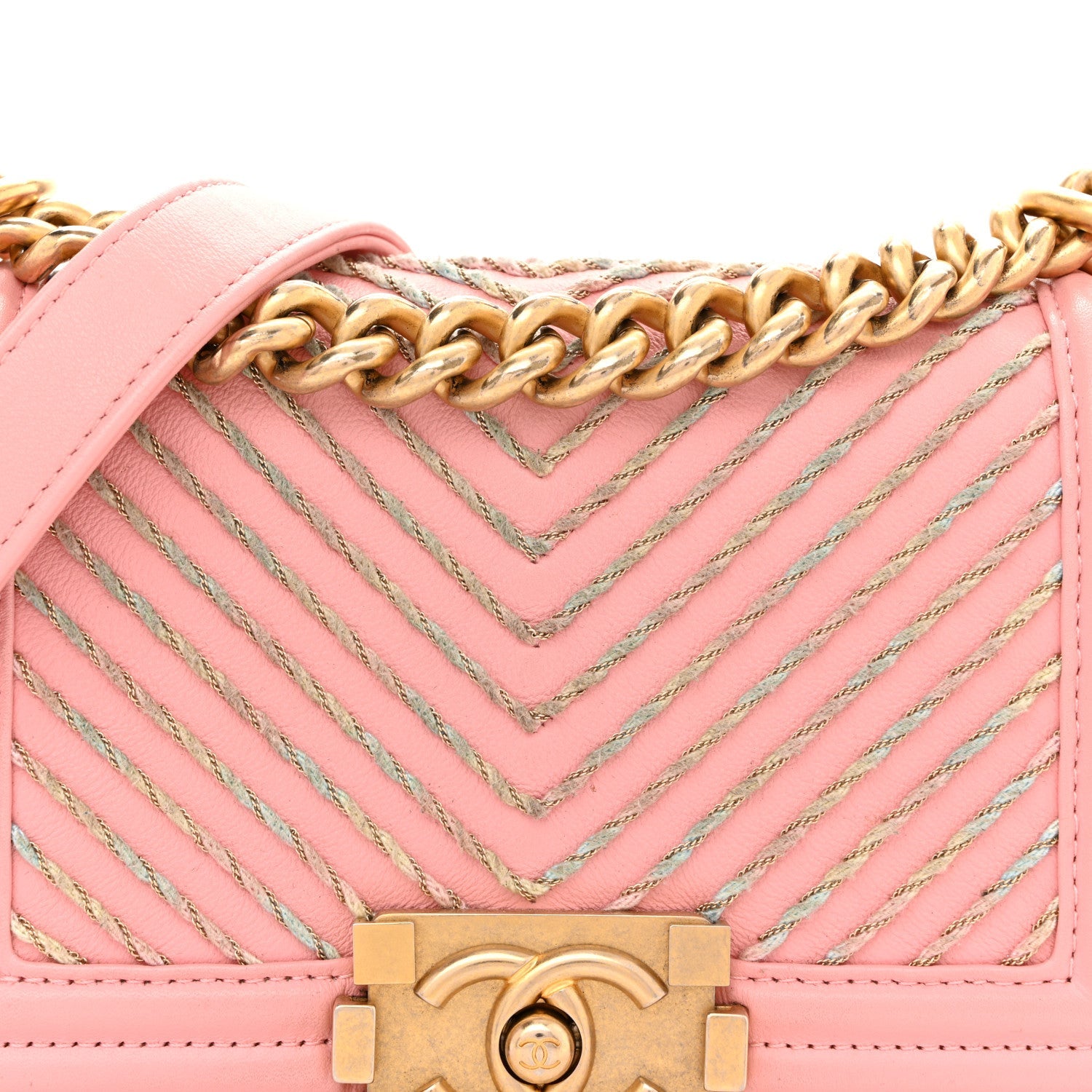 Chanel Calfskin Chevron Embroidered Small Boy By The Sea Flap Pink