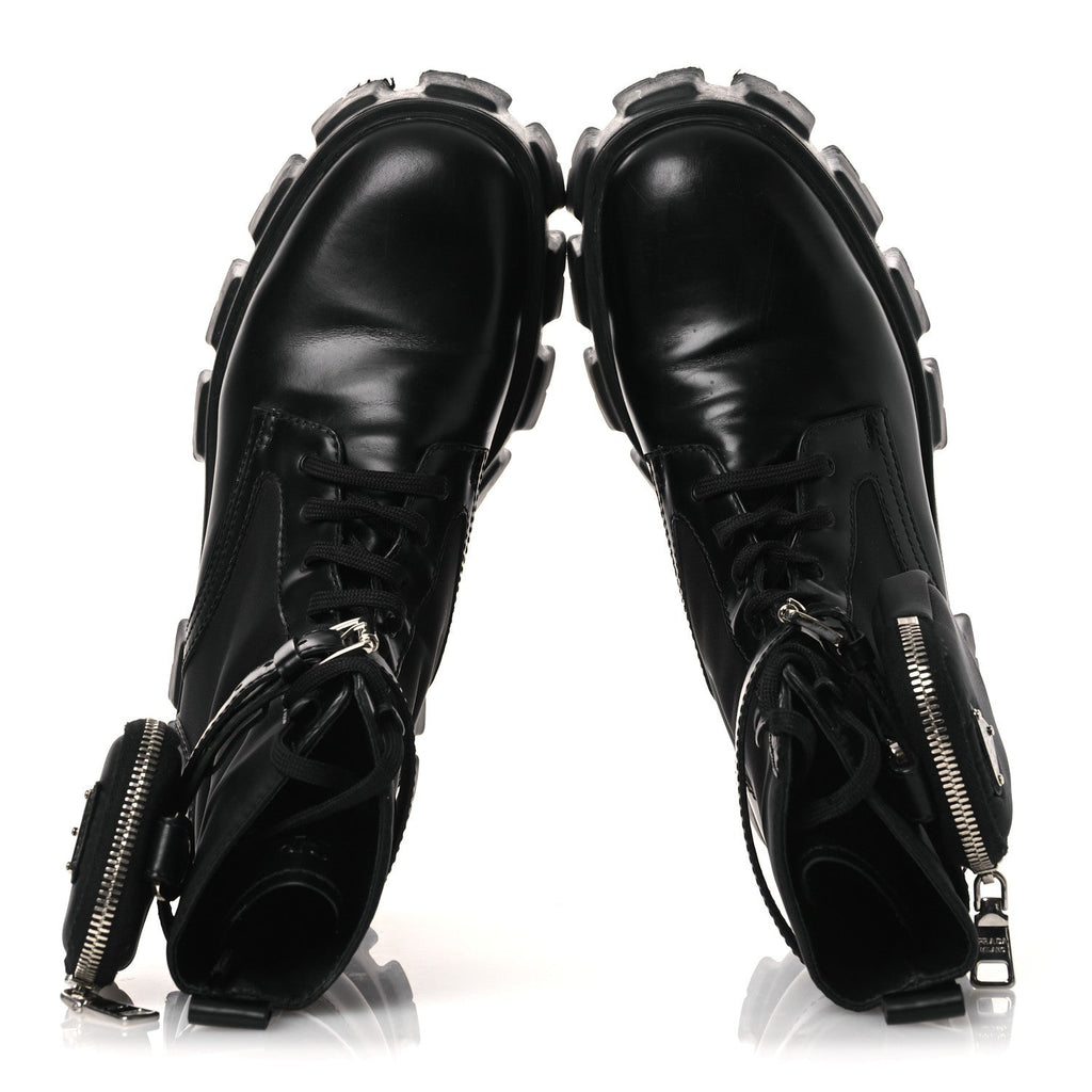 Prada Spazzolato Rois Nylon Metal Triangle Logo Monolith Pouch Pocket 55mm Boots 40.5 Black