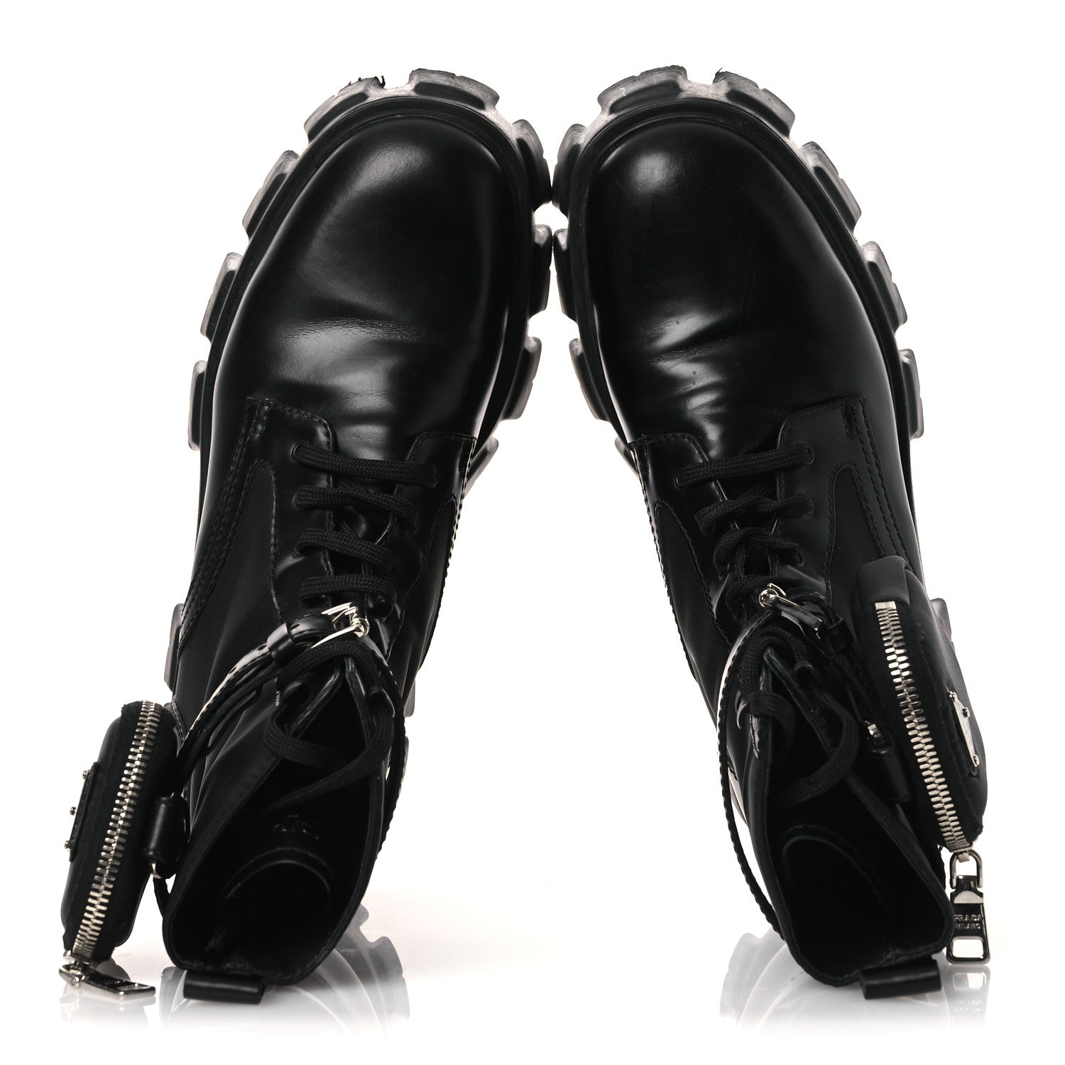 Prada Spazzolato Rois Nylon Metal Triangle Logo Monolith Pouch Pocket 55mm Boots 40.5 Black