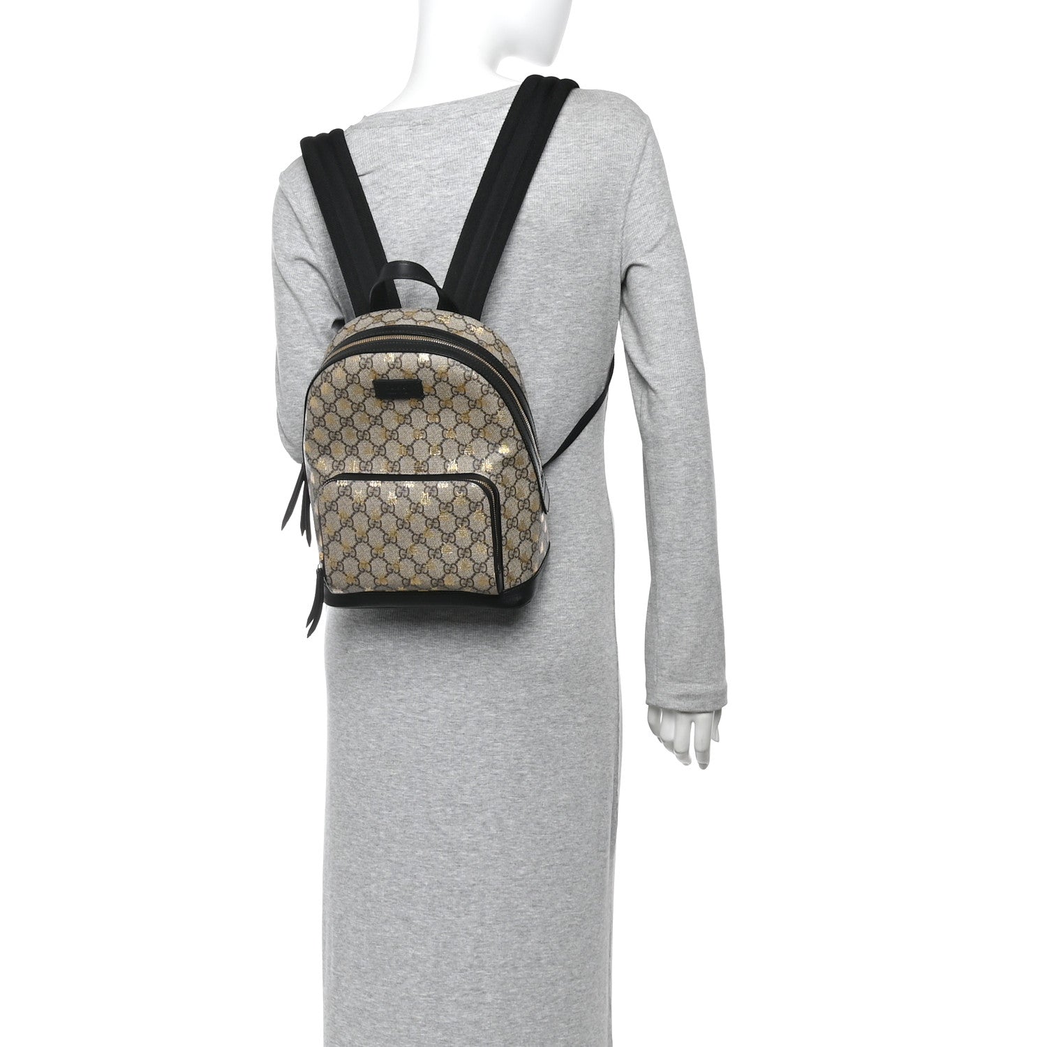 Gucci GG Supreme Monogram Bees Print Small Day Backpack Beige Oro Black