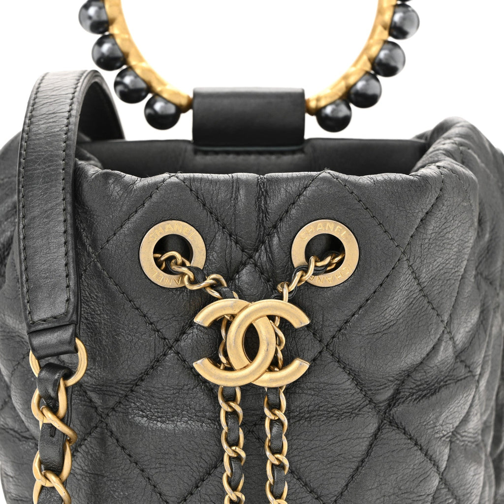 Chanel Metallic Lambskin Quilted Pearl Crown Drawstring Bag Anthracite