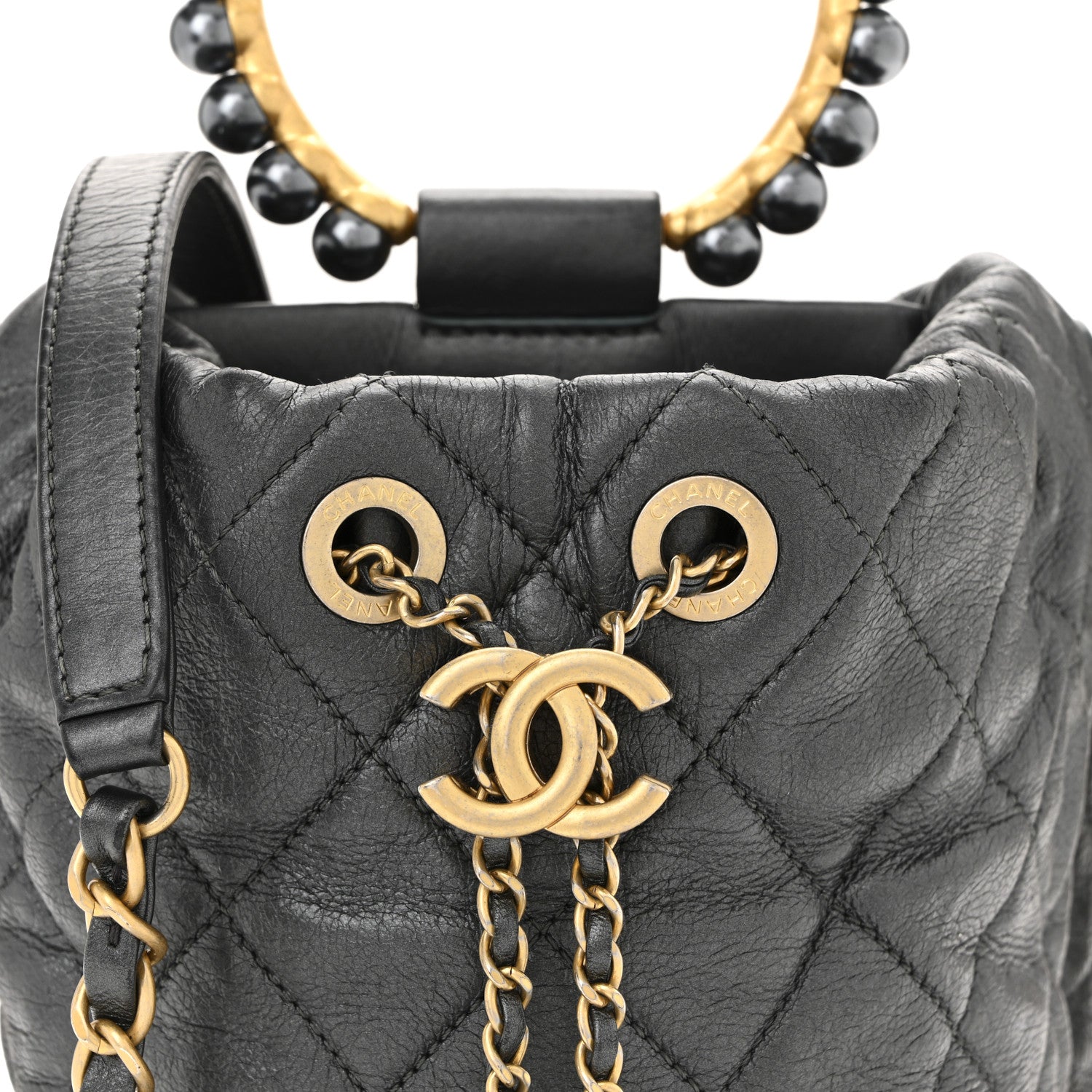 Chanel Metallic Lambskin Quilted Pearl Crown Drawstring Bag Anthracite