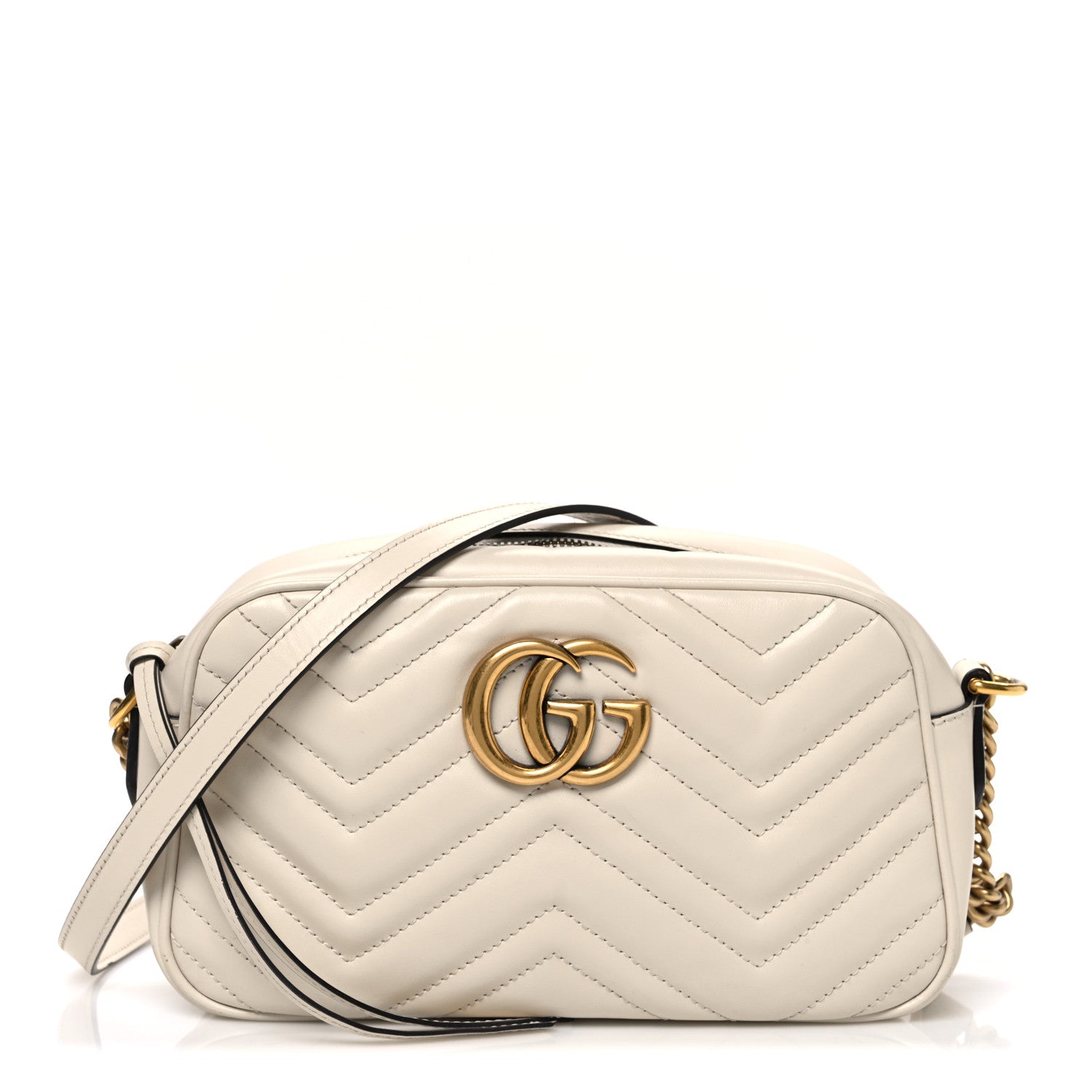 Gucci Calfskin Matelasse Small GG Marmont Chain Shoulder Bag White