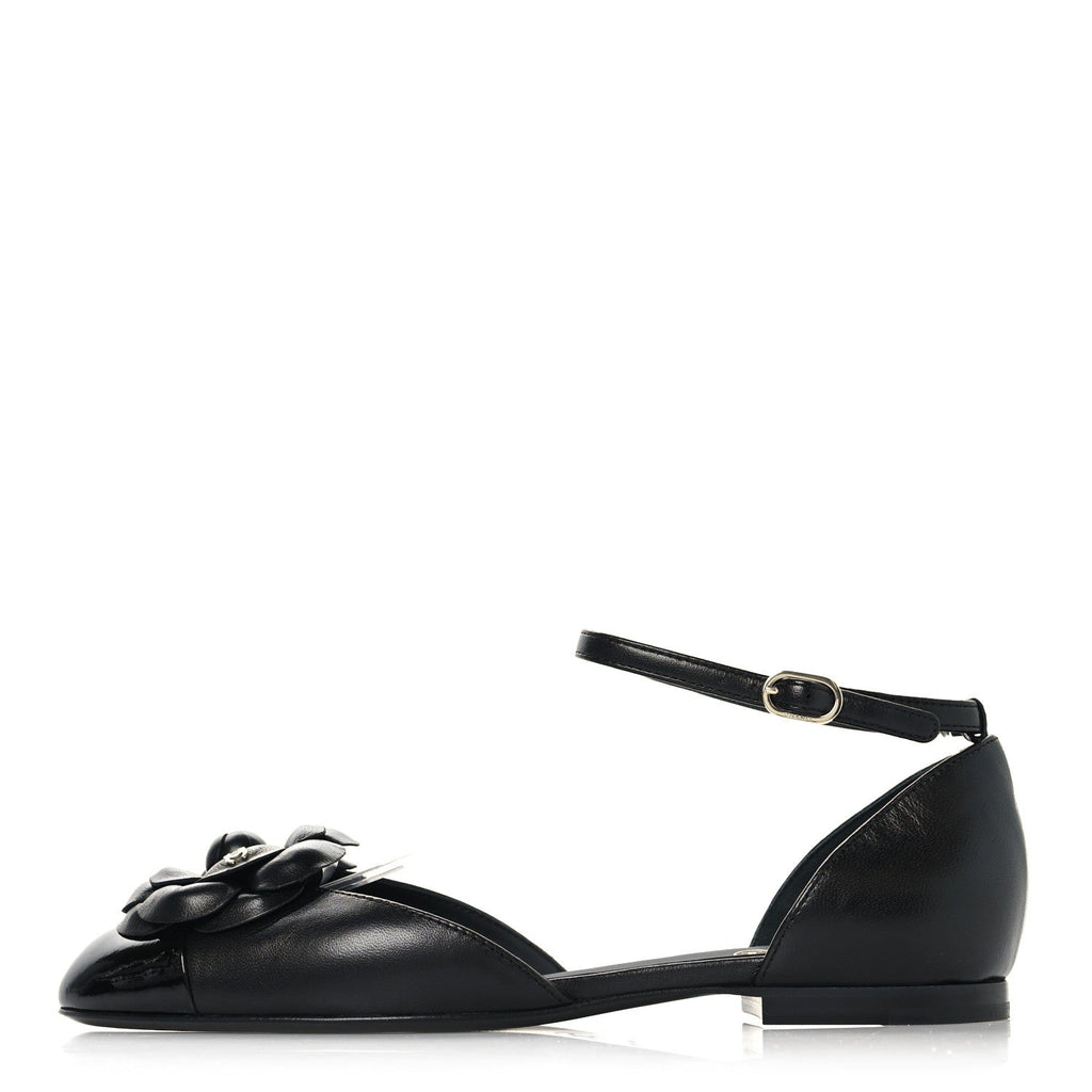 Lambskin Patent Calfskin Cap Toe Camellia Mary Jane Flats 37.5 Black