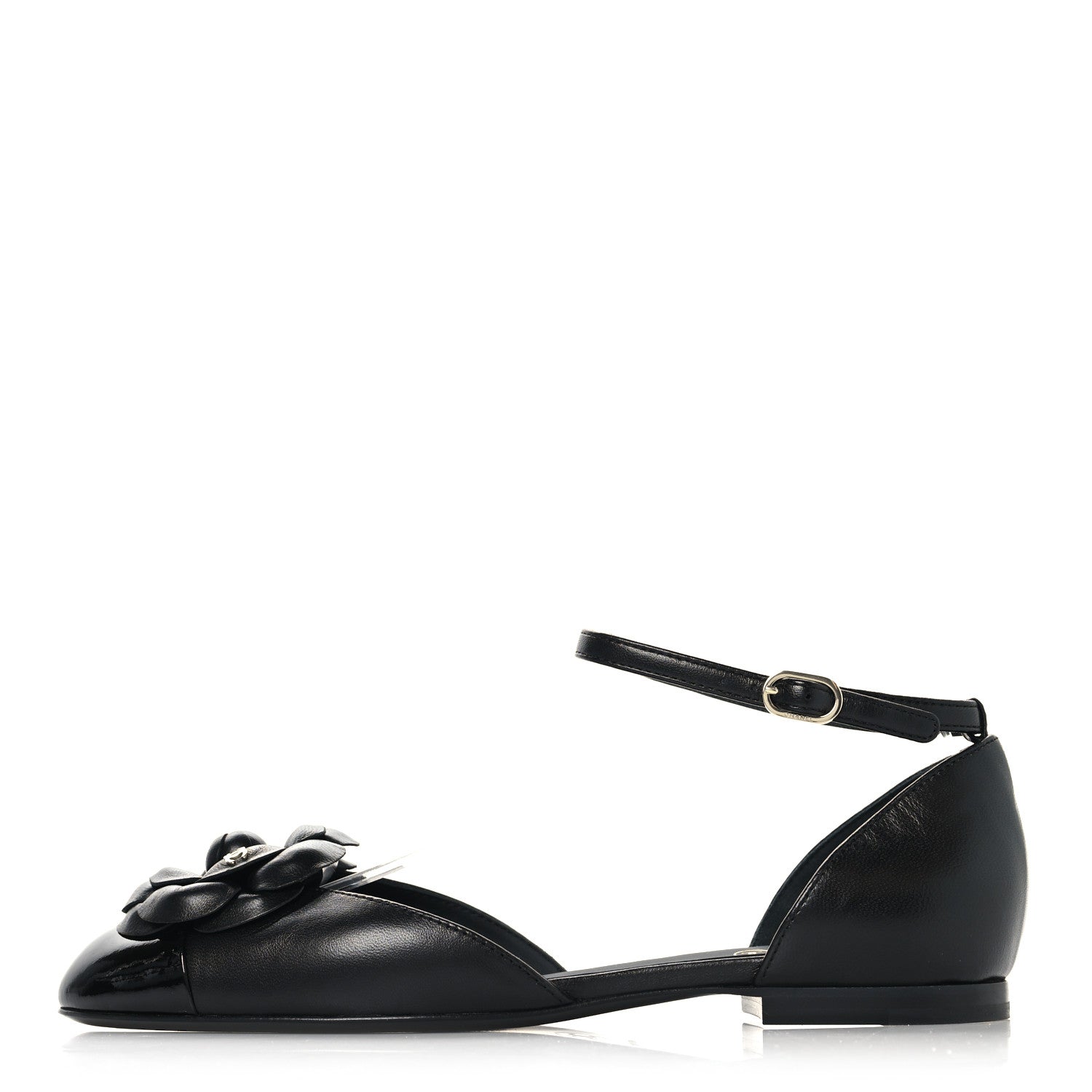 Lambskin Patent Calfskin Cap Toe Camellia Mary Jane Flats 37.5 Black
