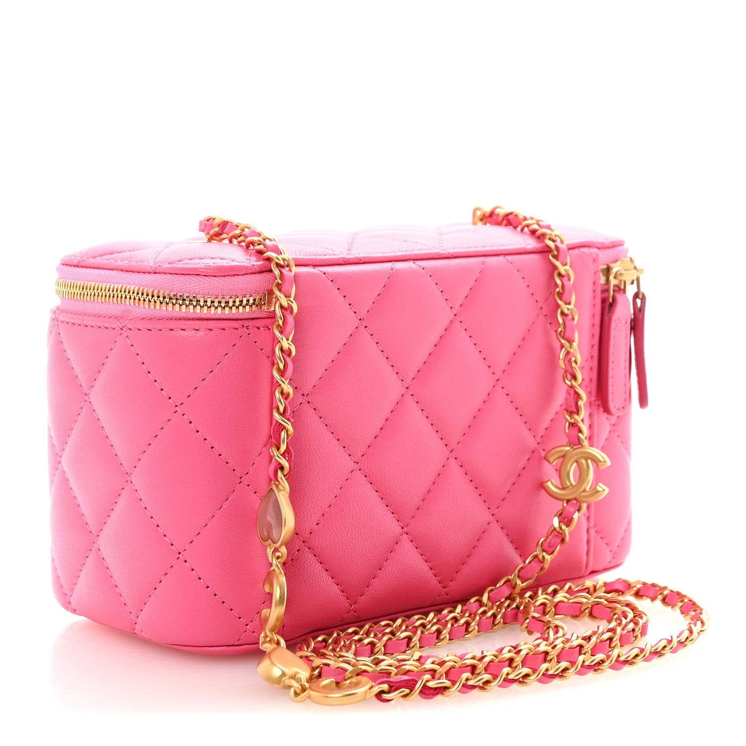 Chanel Lambskin Enamel Quilted Small Coco Hearts Vanity Case With Chain Pink