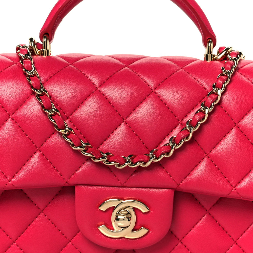 Chanel Lambskin Quilted Mini Top Handle Rectangular Flap Fuchsia