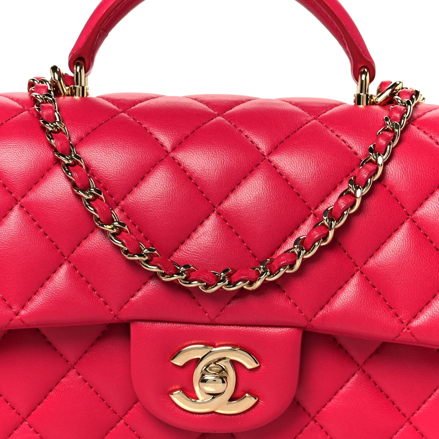 Chanel Lambskin Quilted Mini Top Handle Rectangular Flap Fuchsia