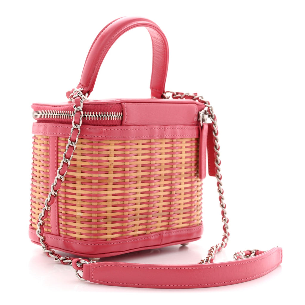 Chanel Calfskin Raffia Small Take Away Vanity Case Bag Pink Beige