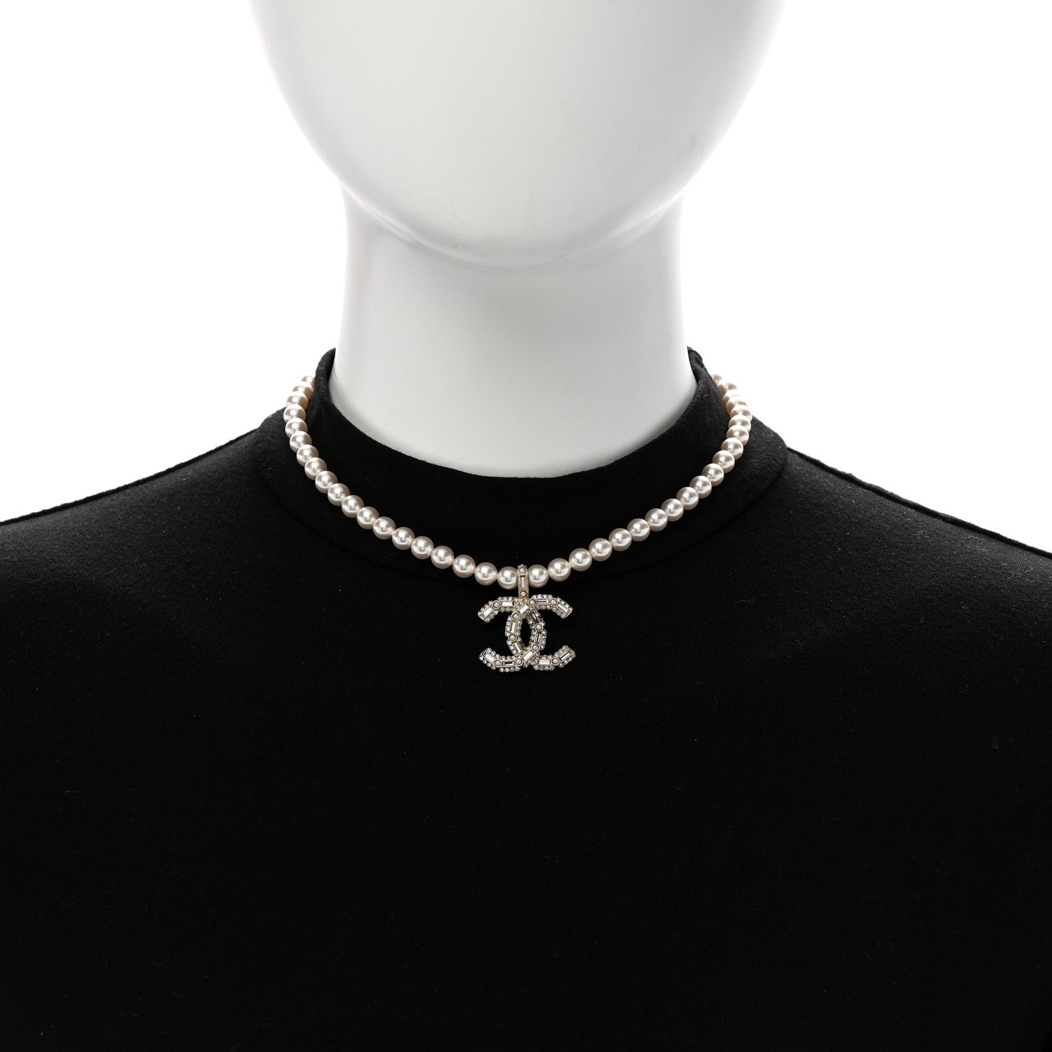 Pearl Crystal Baguette CC Short Necklace Gold
