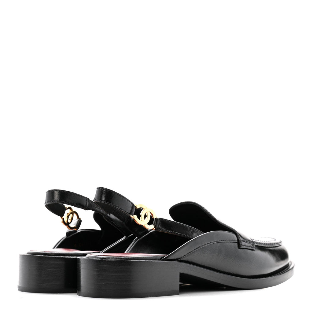 Glazed Calfskin CC Slingback Flats 38.5 Black
