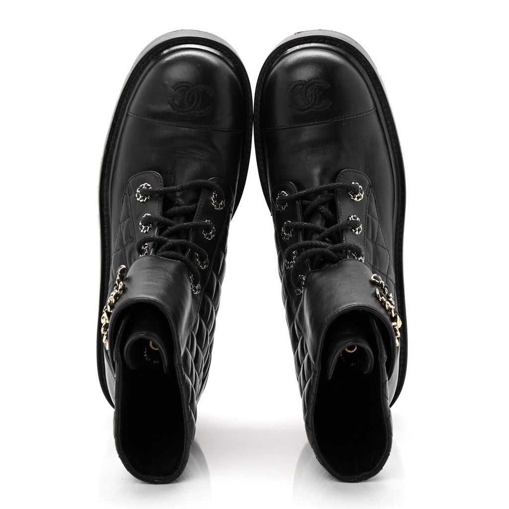 Chanel Shiny Lambskin Quilted Lace Up Combat Boots 38.5 Black