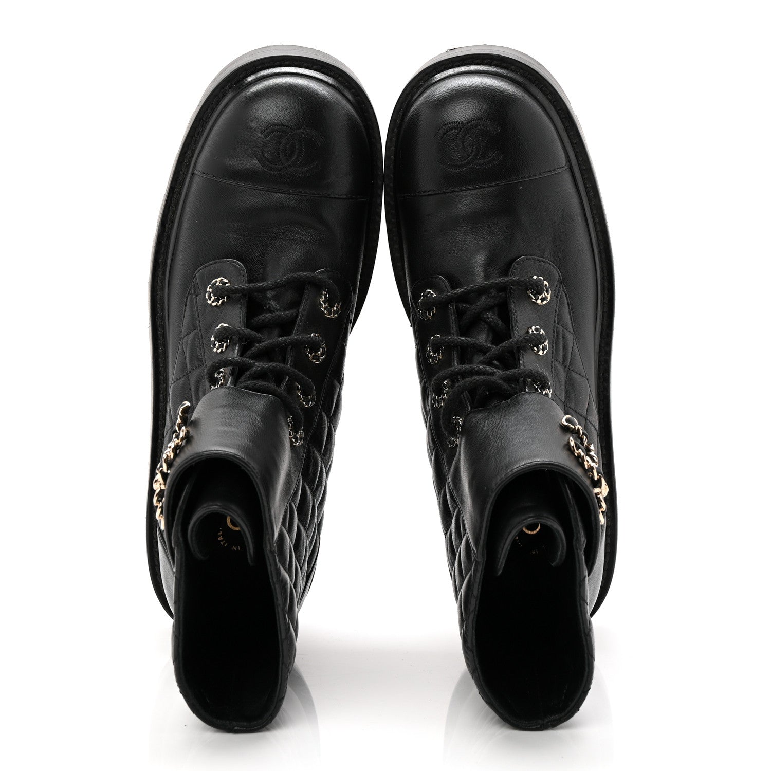 Chanel Shiny Lambskin Quilted Lace Up Combat Boots 38.5 Black