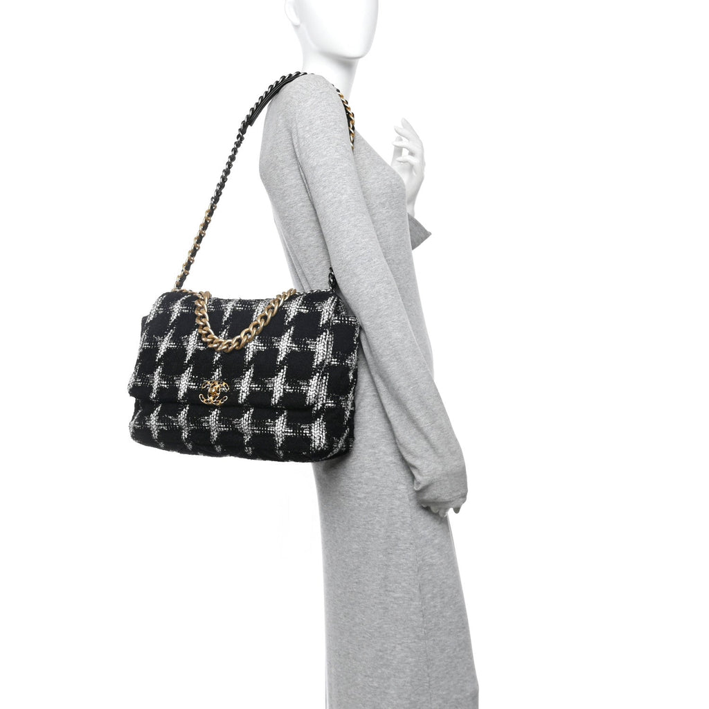 Chanel Tweed Quilted Maxi Chanel 19 Flap Black White