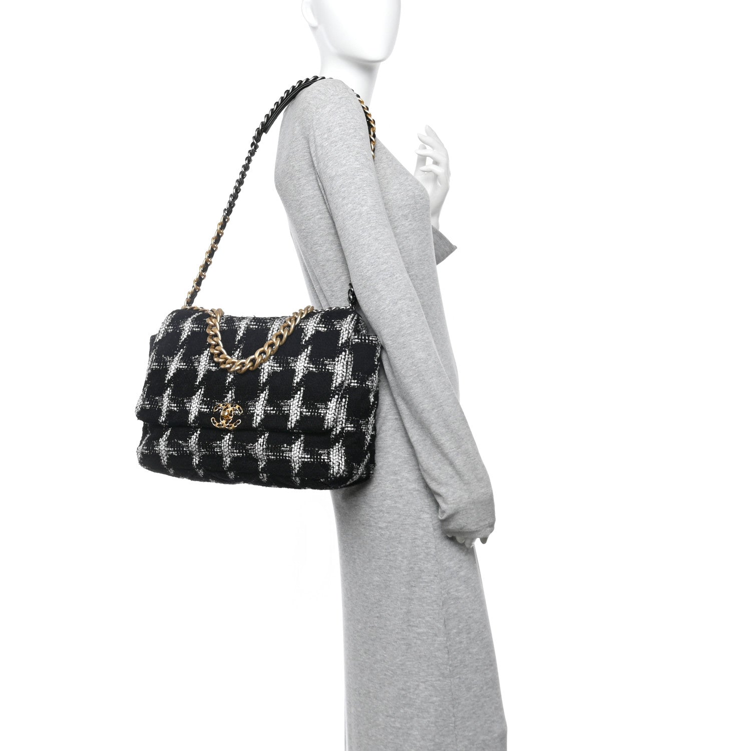 Chanel Tweed Quilted Maxi Chanel 19 Flap Black White