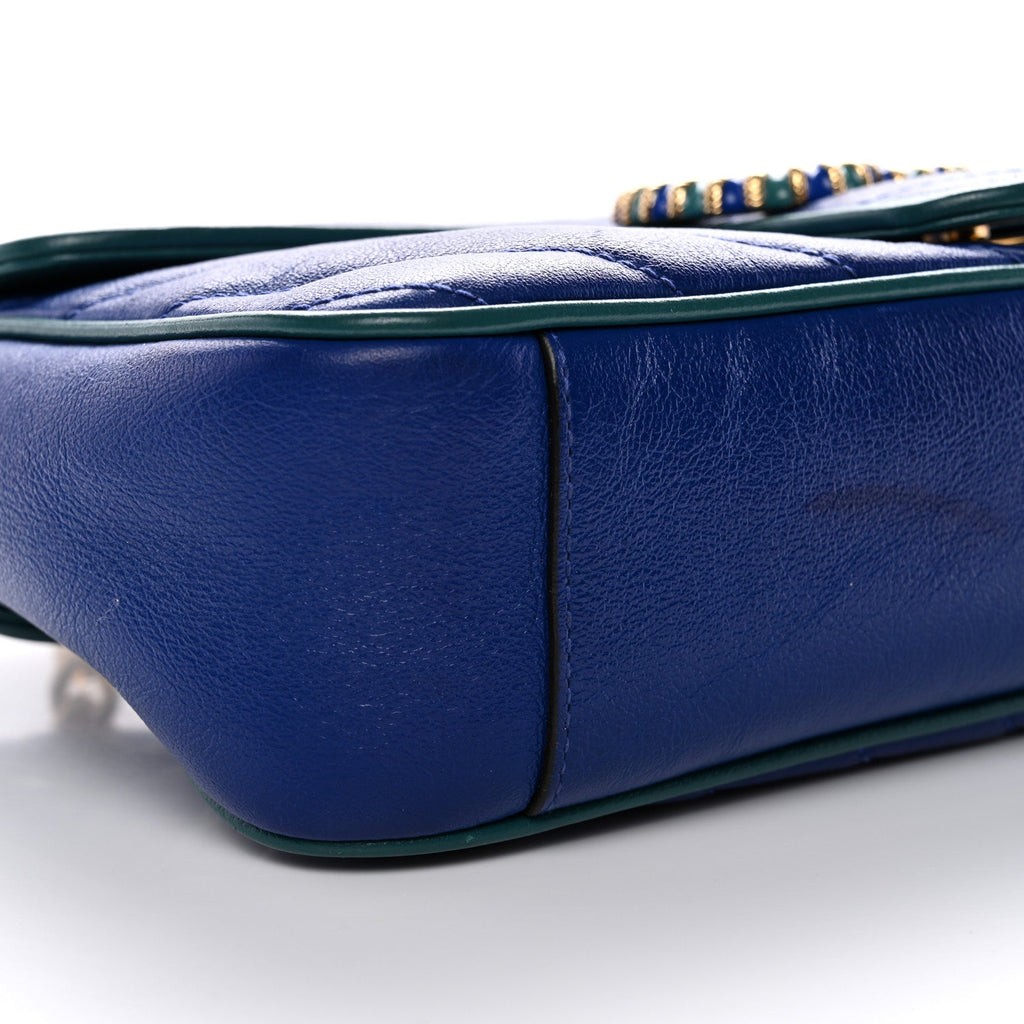 Gucci Azalea Calfskin Enamel Matelasse Diagonal Small Torchon GG Marmont Shoulder Bag Imperial Blue Pavone