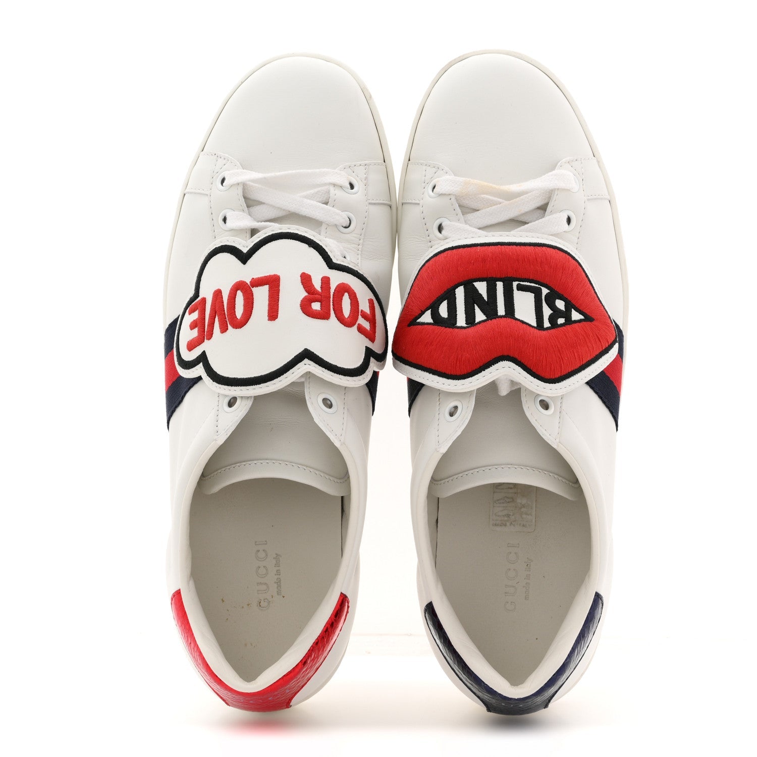 Gucci Calfskin Ayers Web Blind for Love Embroidered Womens Ace Sneakers 40.5 White