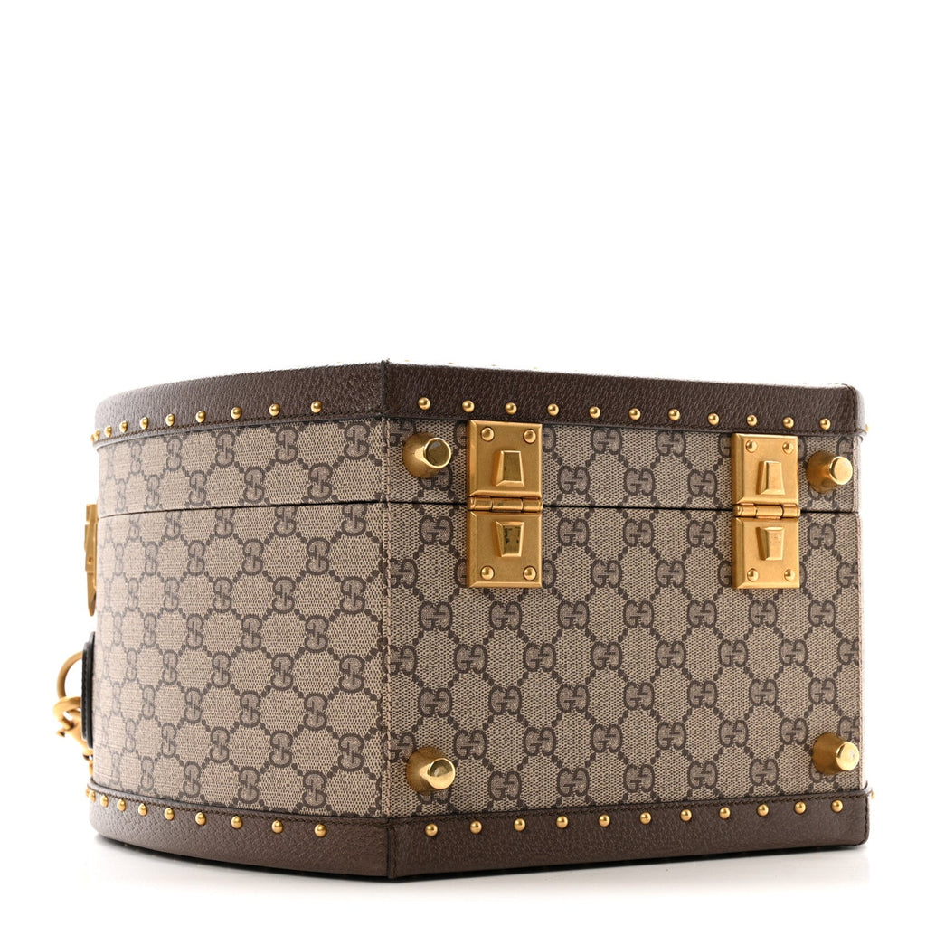 Gucci GG Supreme Monogram Textured Dollar Calfskin Web Savoy Hat Box Beige Ebony New Acero