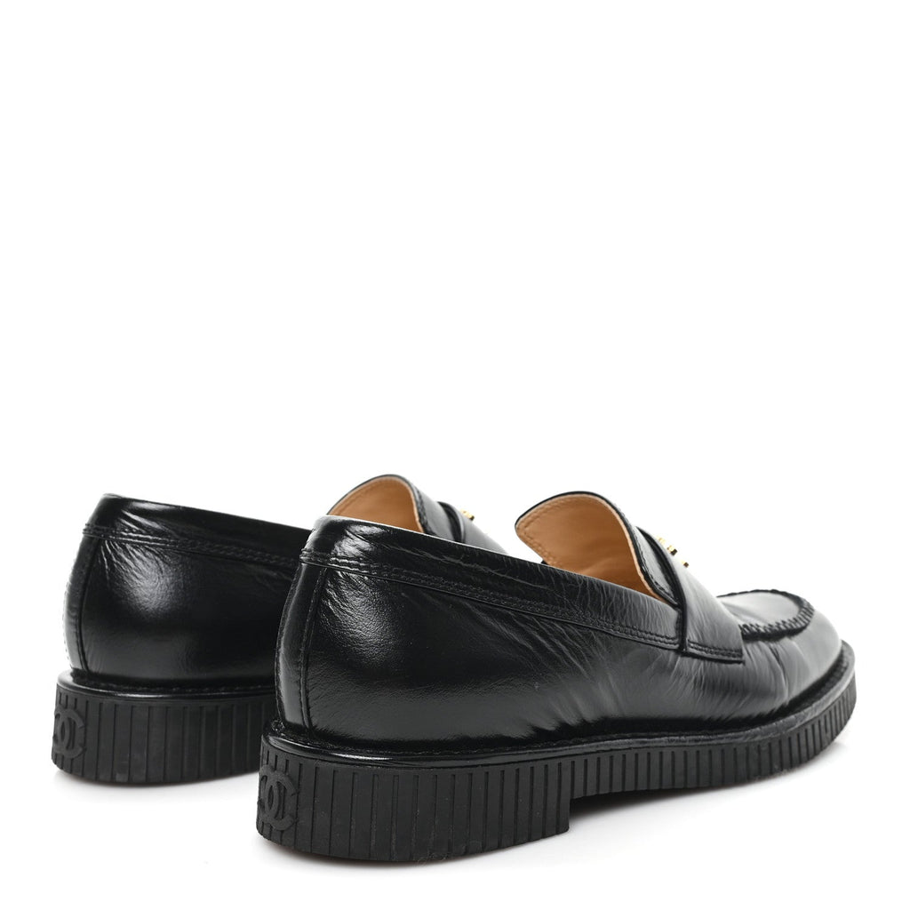Chanel Shiny Crumpled Calfskin CC Mocassin Loafers 38.5 Black