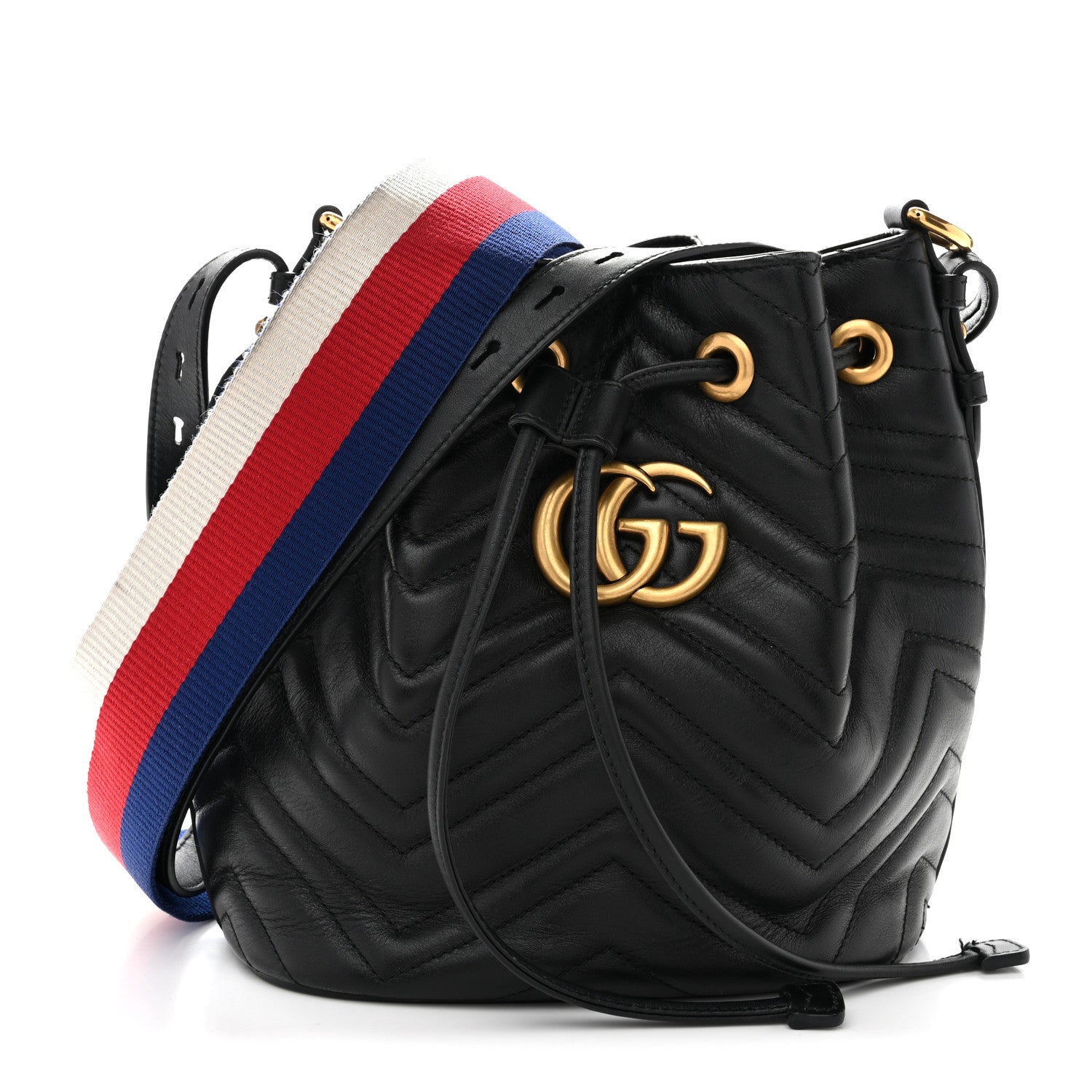 Gucci Calfskin Matelasse Sylvie Web GG Marmont Bucket Bag Black