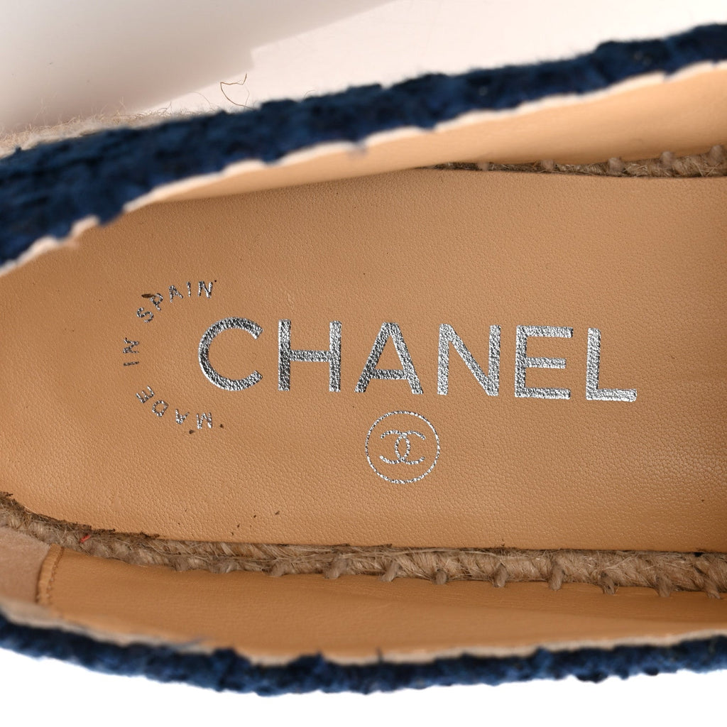 Chanel Tweed Grosgrain CC Espadrilles 37 Navy Black