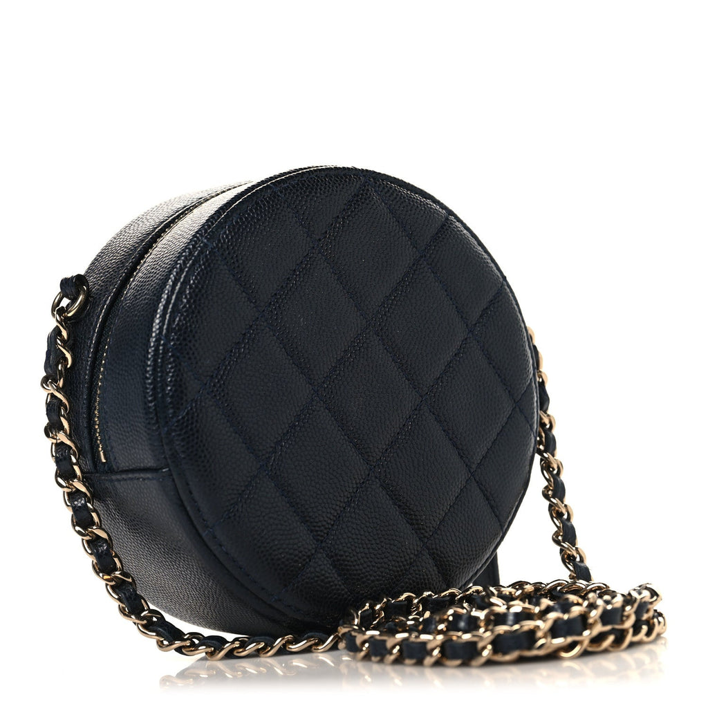 Chanel Caviar Quilted Round Clutch With Chain Navy