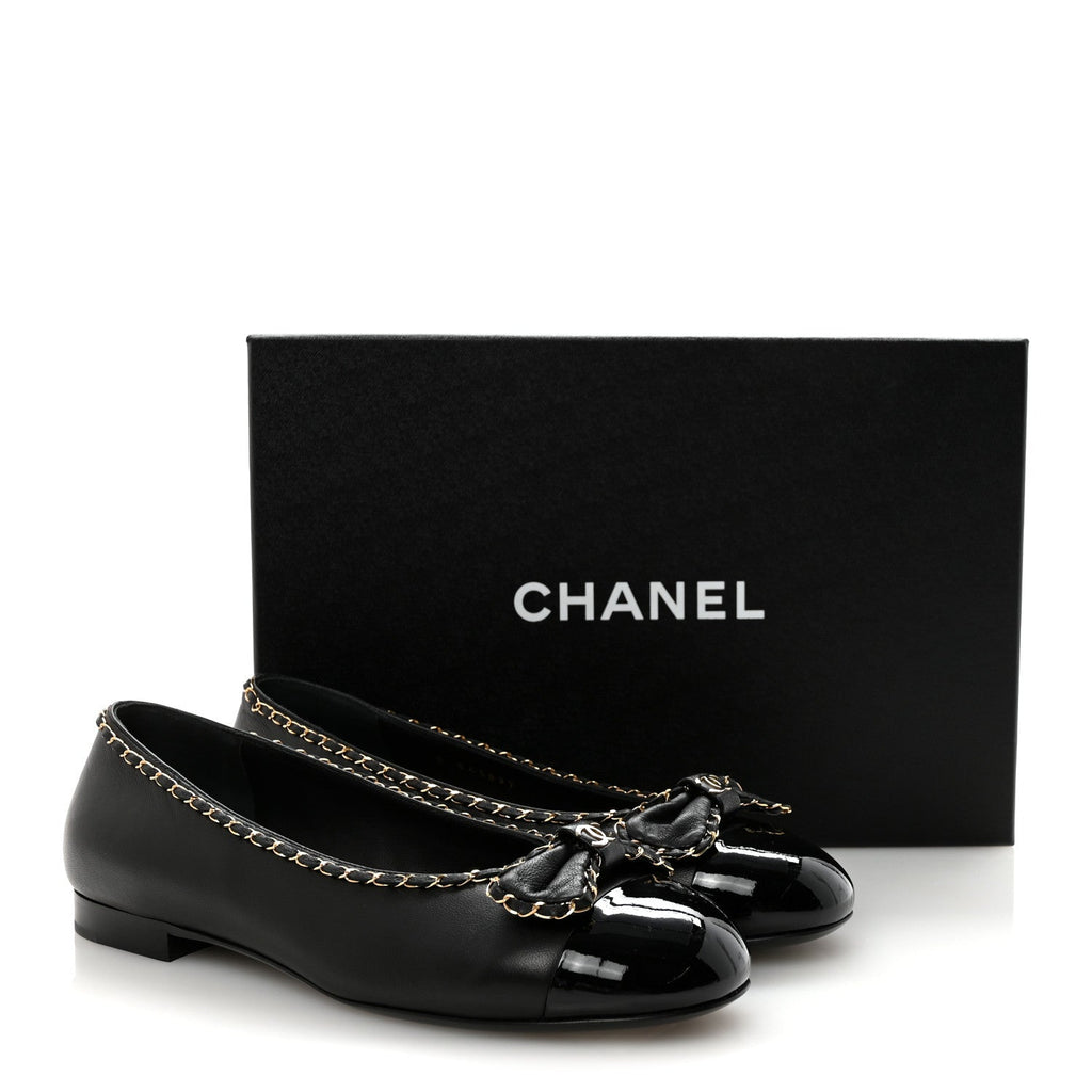 Lambskin Patent Cap Toe Chain Around Ballerina Flats 38.5 Black