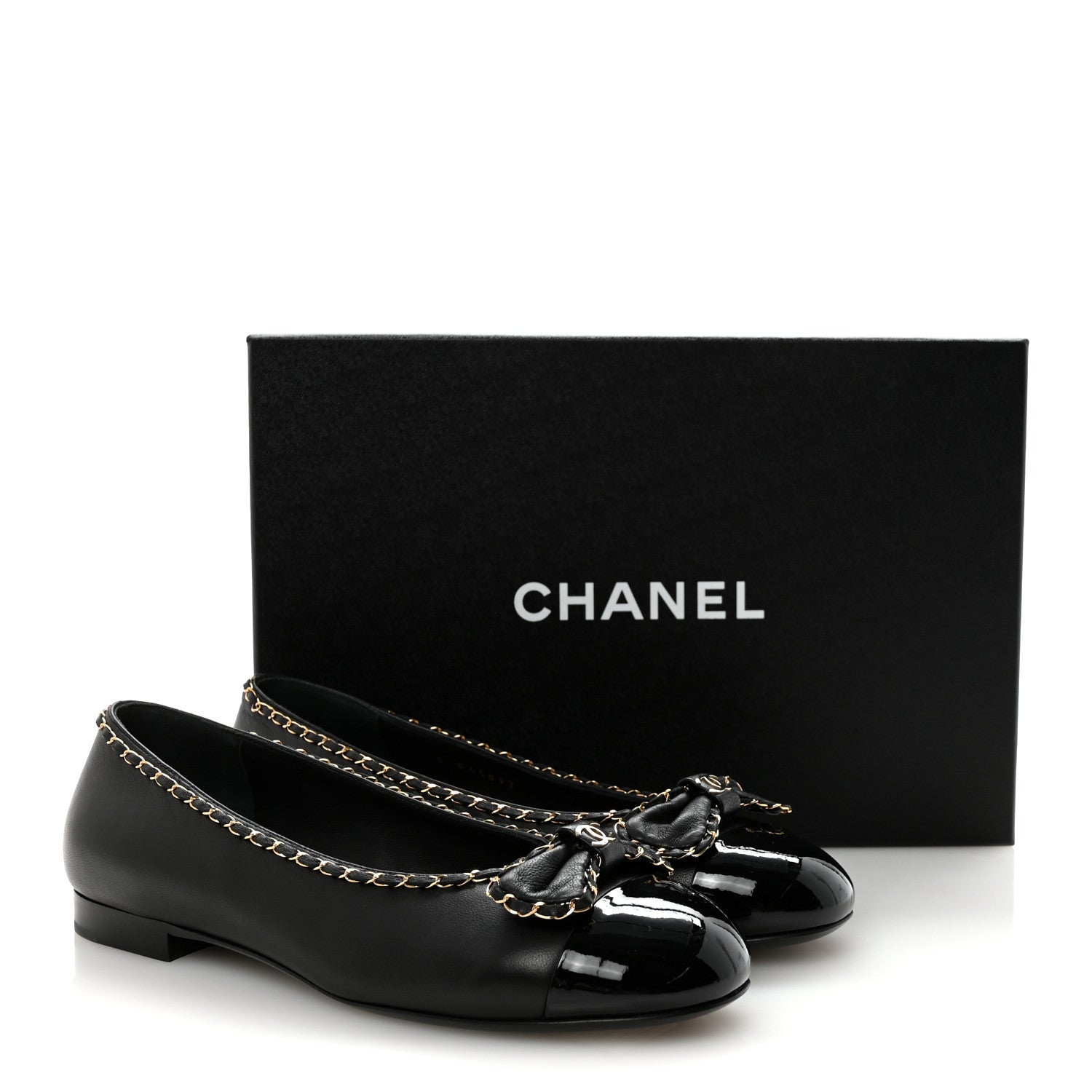 Lambskin Patent Cap Toe Chain Around Ballerina Flats 38.5 Black