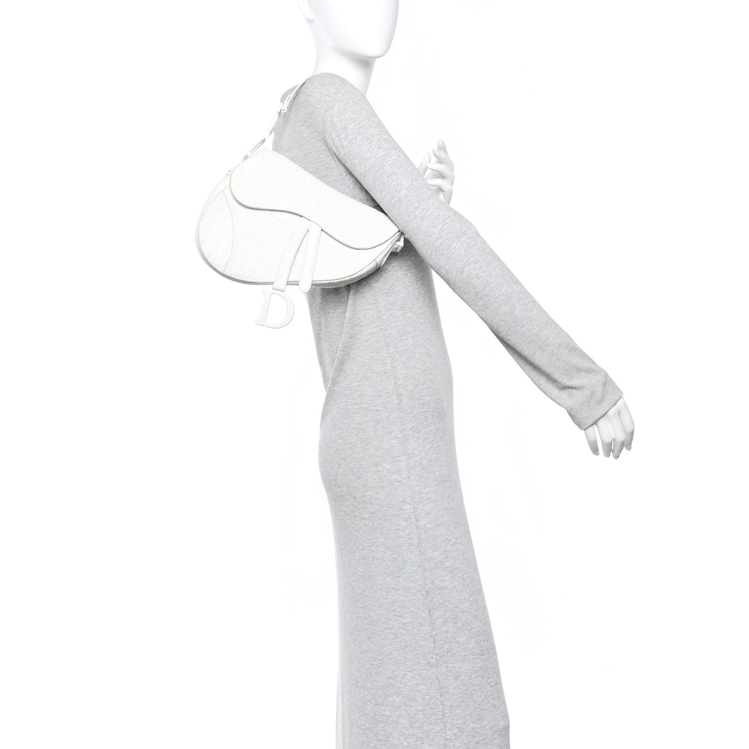 Christian Dior Calfskin Embossed Oblique Saddle Bag White