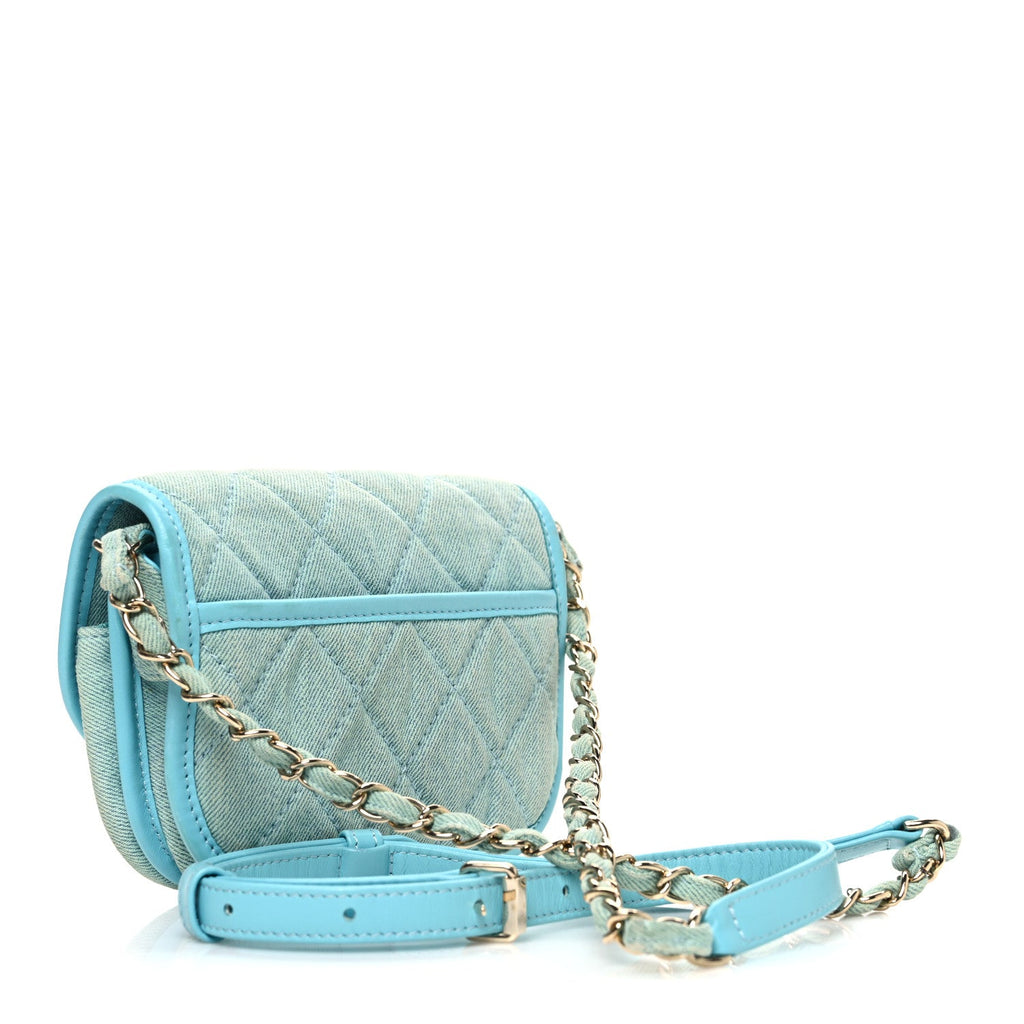Chanel Denim Quilted Small Messenger Flap Neon Blue