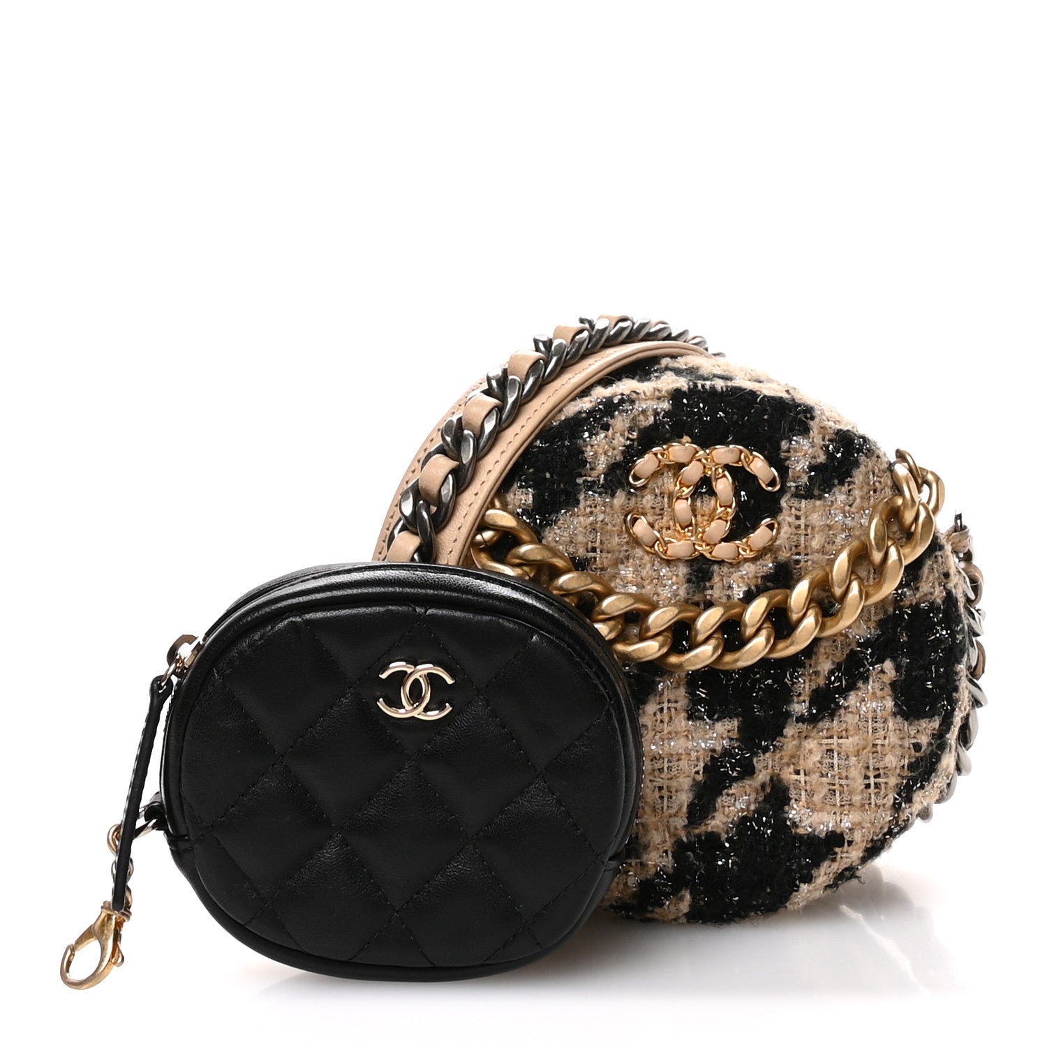 Chanel Wool Tweed Lambskin Quilted Chanel 19 Round Clutch With Chain and Coin Purse Beige Black