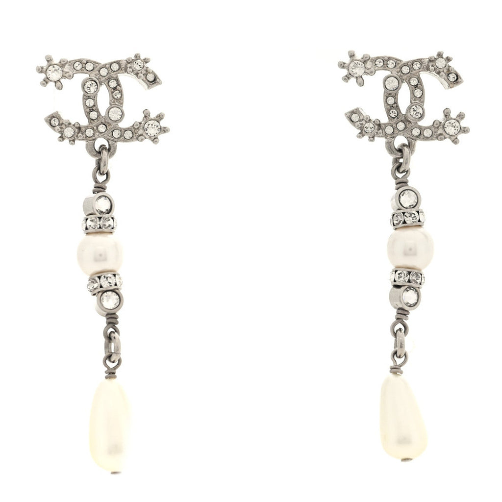 Crystal Pearl CC Drop Earrings Silver
