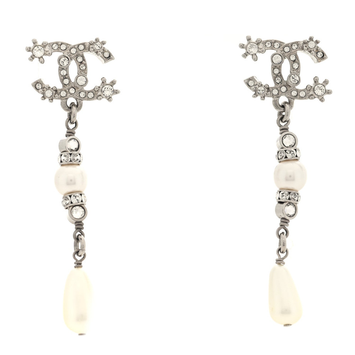 Crystal Pearl CC Drop Earrings Silver