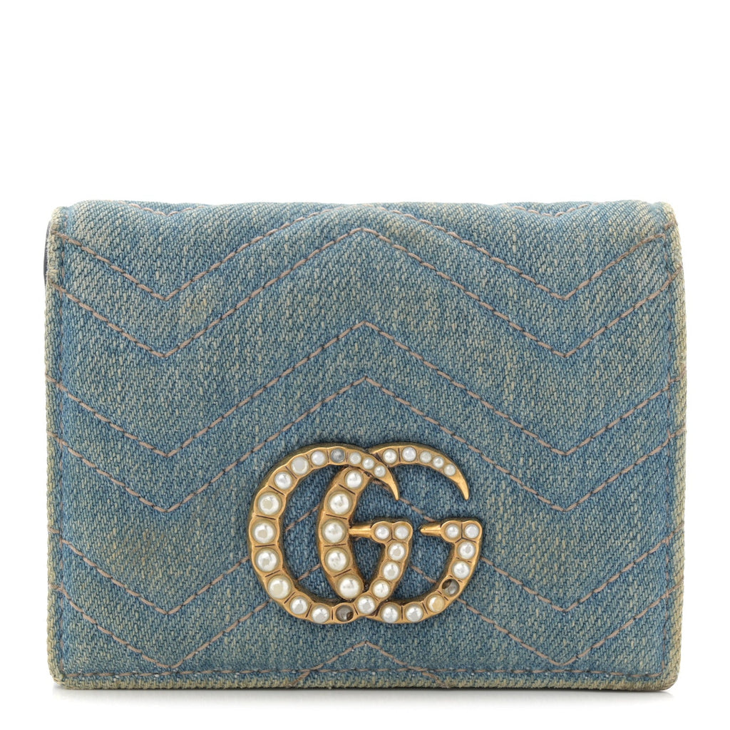 Gucci Denim Matelasse Pearly GG Marmont Card Case Wallet Blue