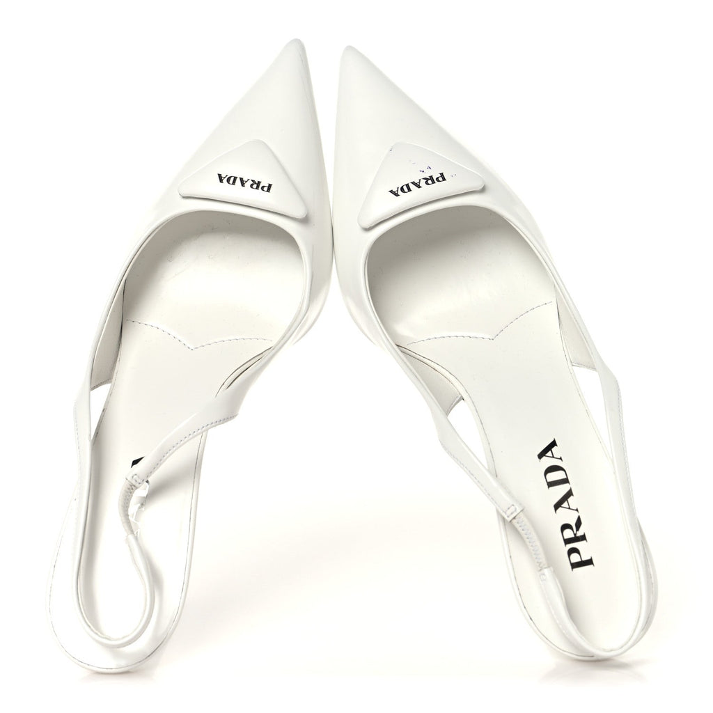 Prada Calfskin Triangle Logo Pointed Toe 75mm Slingback Pumps 38.5 White