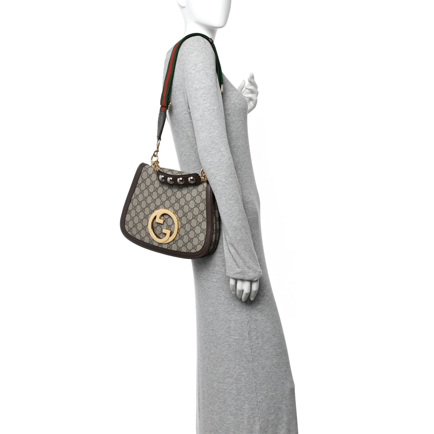 Gucci GG Supreme Monogram Textured Dollar Calfskin Web Medium Blondie Top Handle Shoulder Flap Bag Beige Ebony New Acero