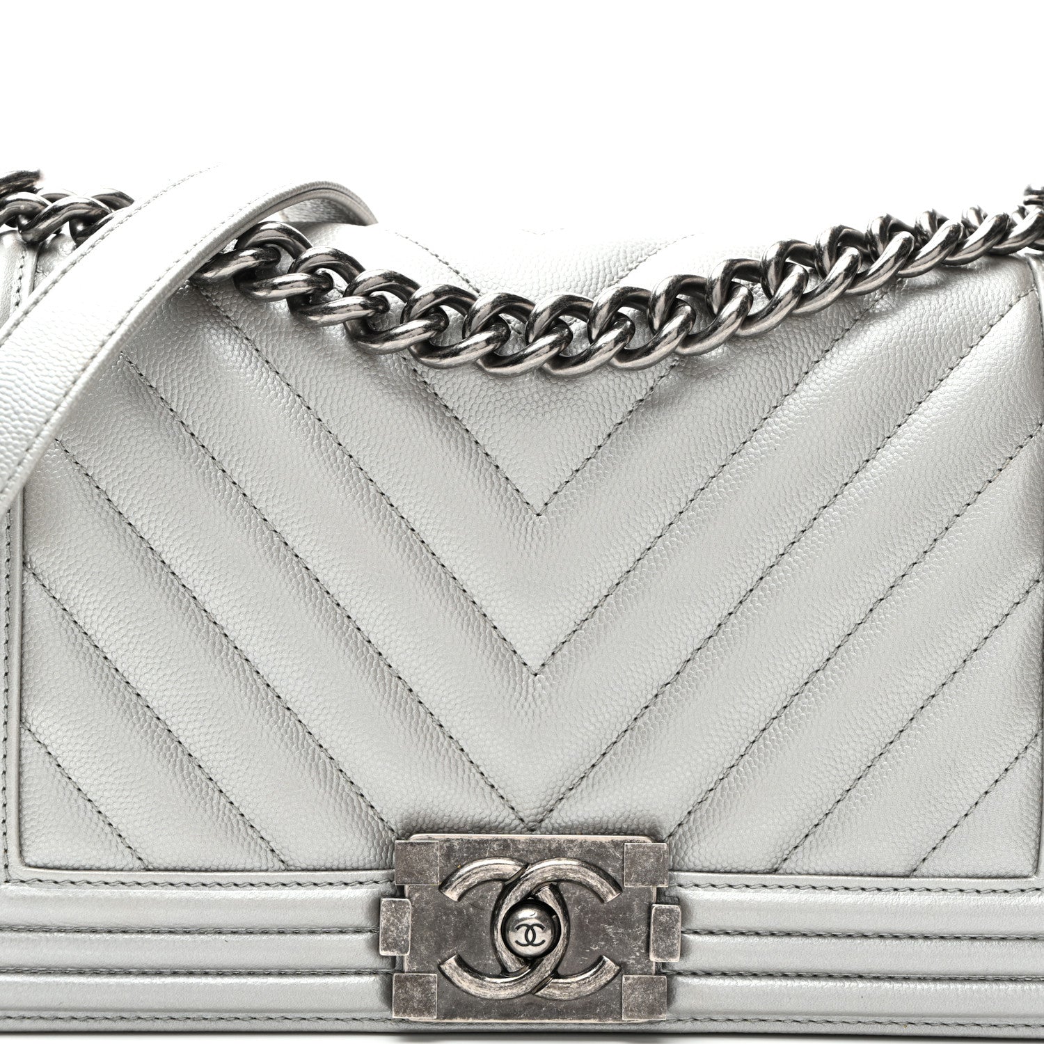 Chanel Metallic Caviar Chevron Quilted Medium Boy Flap Silver