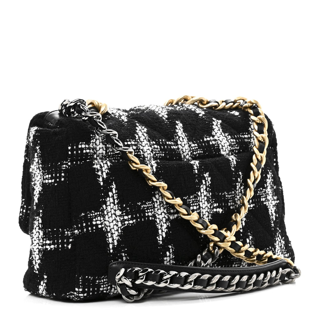 Chanel Tweed Quilted Large Chanel 19 Flap Black White