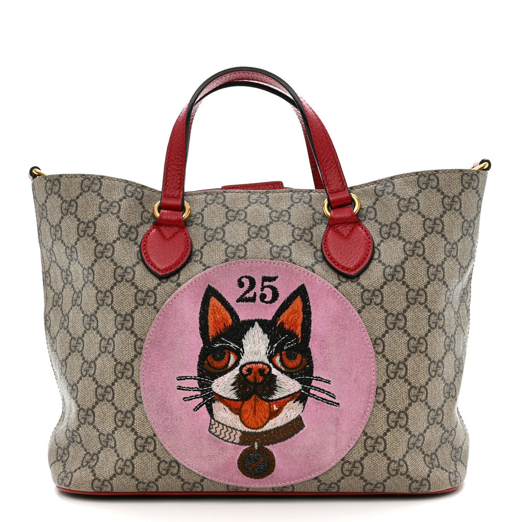 Gucci Soft GG Supreme Monogram Web Bosco Patch Small Crossbody Tote Beige Malva Hibiscus Red