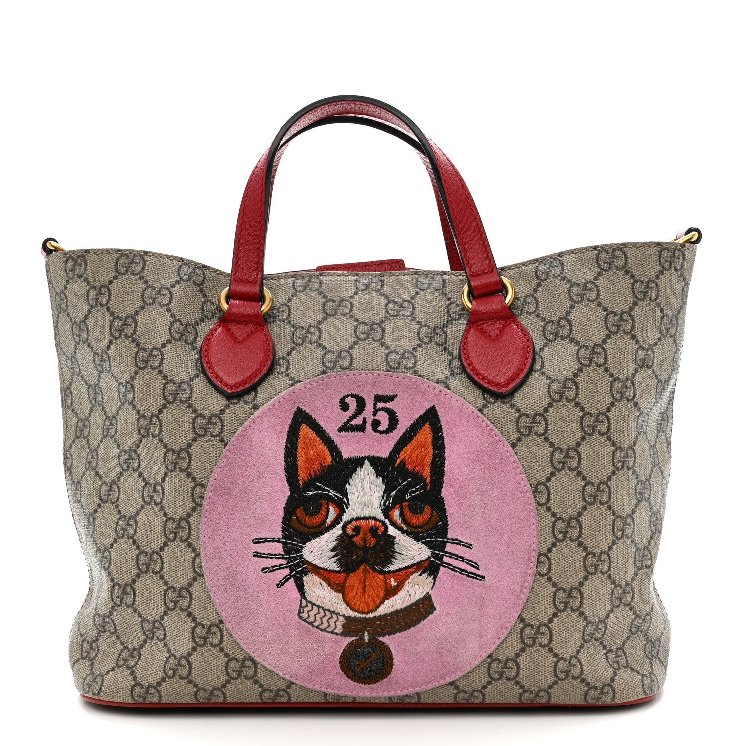 Gucci Soft GG Supreme Monogram Web Bosco Patch Small Crossbody Tote Beige Malva Hibiscus Red