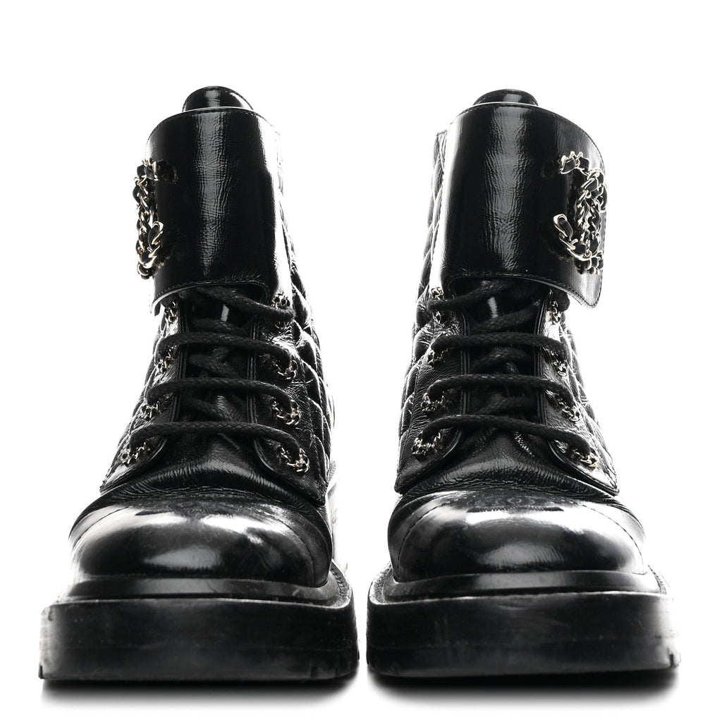 Chanel Shiny Goatskin Calfskin Quilted Lace Up Combat Boots 37 Black