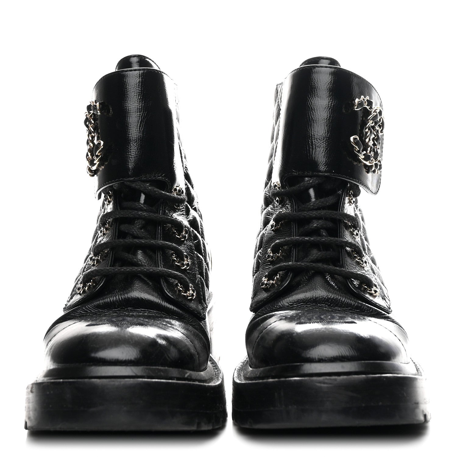 Chanel Shiny Goatskin Calfskin Quilted Lace Up Combat Boots 37 Black