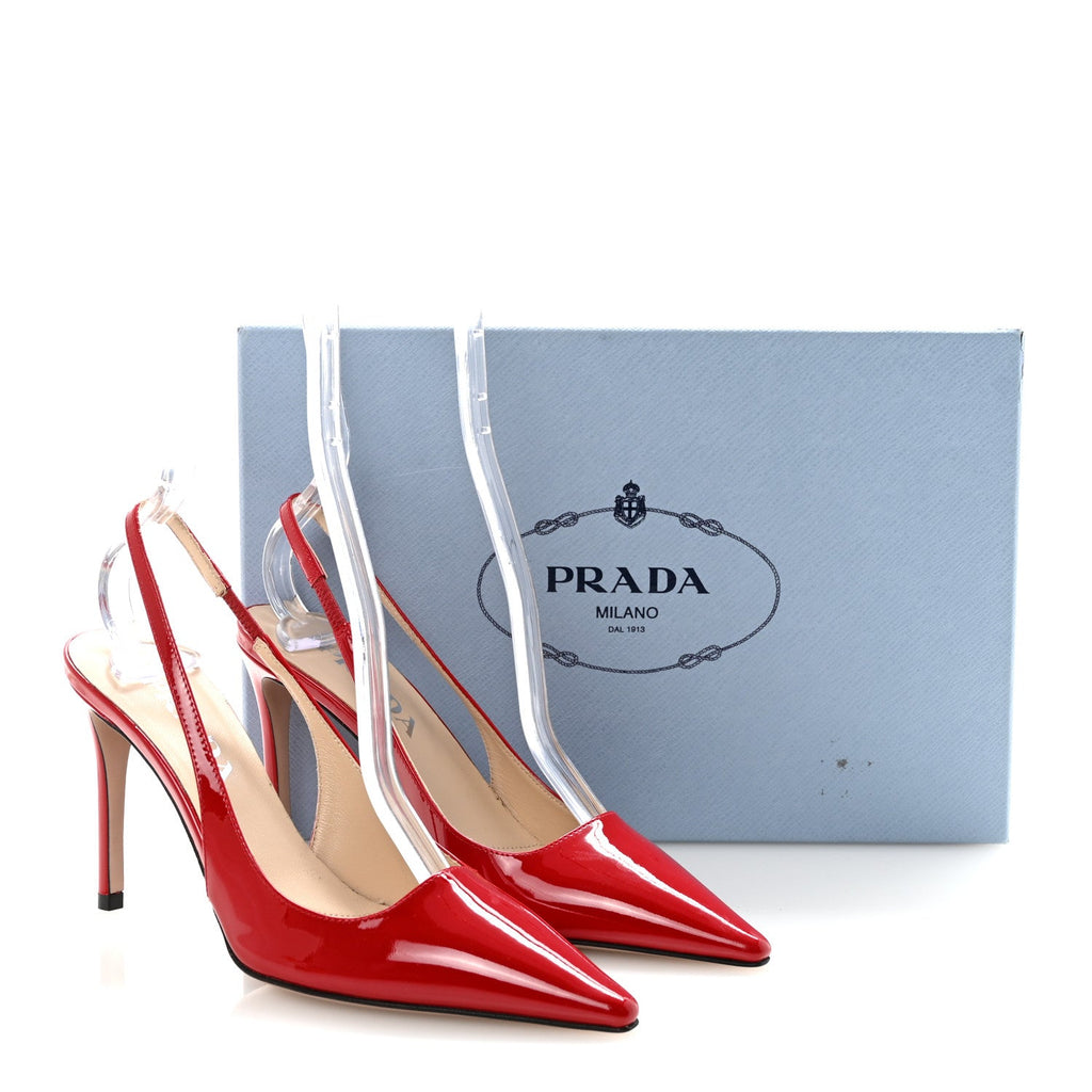 Prada Patent Logo Slingback Pumps 35.5 Red