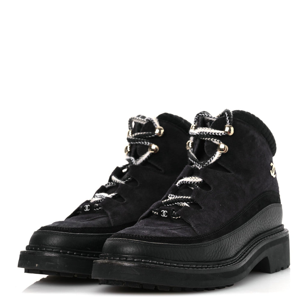Chanel Suede Grained Calfskin CC Lace Up Boots 38 Black